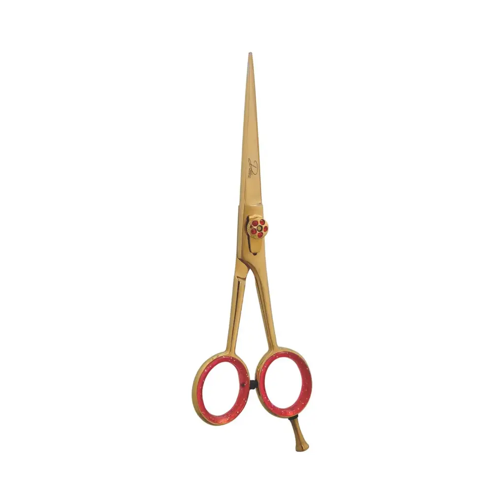 Professional Gold Titanium Coated Razor Shears with Red Inlay | Jeweled Screw Barber Scissors