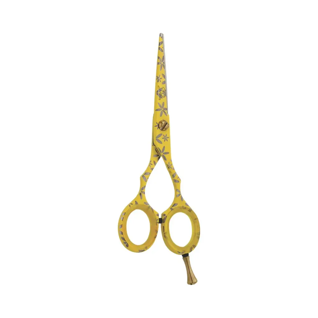 Professional Razor Shears with Yellow Floral Paper Coated Handle | Ergonomic Barber & Stylist Scissors